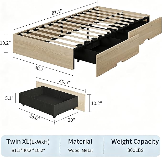 IDEALHOUSE Twin XL Bed Frame with 2 Storage Drawers, Wooden Bed Frame Without Headboard, Minimalist Floor Platform Bed, Wood Slat Support, Noise Free, No Box Spring Needed, Easy Assembly