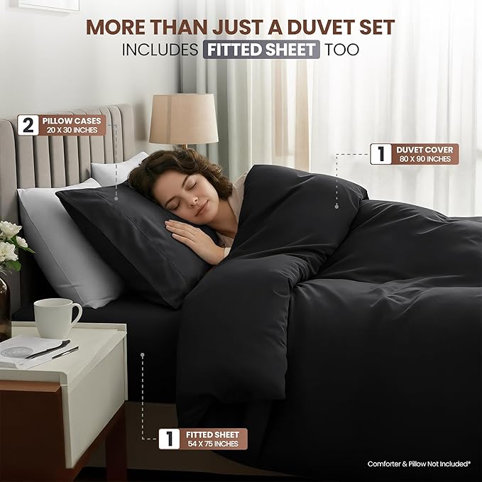 Utopia Bedding Duvet Cover Full with Fitted Sheet (54x75) - 2 Pillow Case (20x30) - All Season Luxury Bed in a Bag with Zippered Duvet Cover - No Comforter (Black)