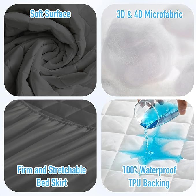 HYLEORY Queen Size Waterproof Mattress Pad Protector, Breathable Quilted Mattress Cover Noiseless Waterproof Fitted Sheet Mattress Topper Upto 21" Deep Pocket, Dark Grey