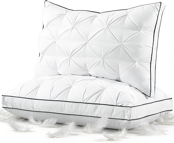 Premium Hybrid Goose Feather Down Pillows Queen Size Set of 2 with 100% Organic Cotton Cover, Hotel Collection Bed Pillows for Sleeping, White Fluffy Soft Gusseted Pillows (18"x28"+2" Gusset)