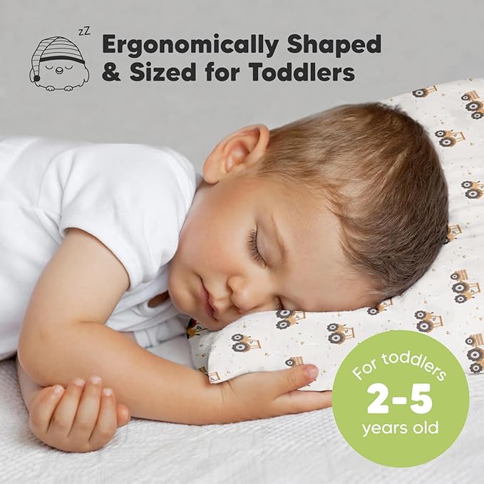 Toddler Pillow with Pillowcase - 13x18 My Little Dreamy Kids Travel Bed Pillows for Sleeping, Organic Cotton Small Pillowcase, Soft & Breathable, Machine Washable, Toddlers 2-5 years old (Tractor)