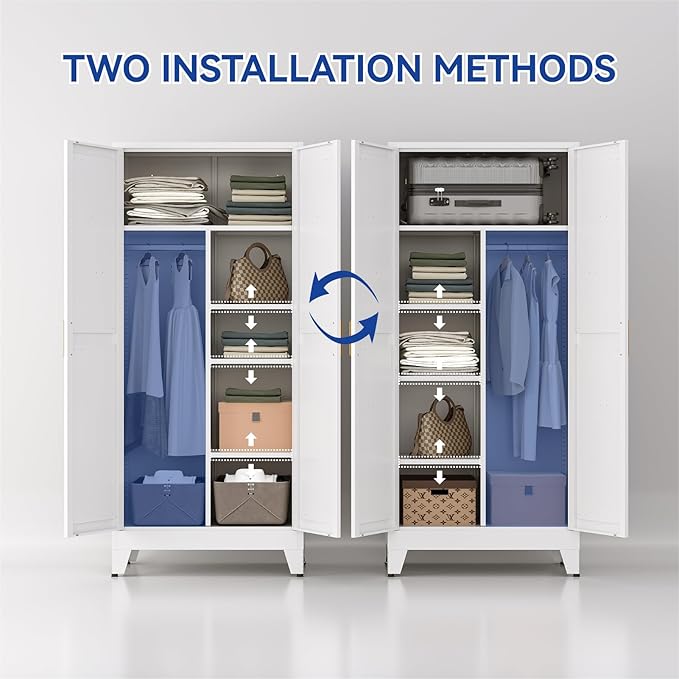 COFaR Metal Wardrobe Closet with Doors, 71'' Tall Steel Bedroom Armoire with Adjustable Hanging Rod and Shelves, Broom Closet Storage Cabinet for Garage Laundry Office, Farmhouse White