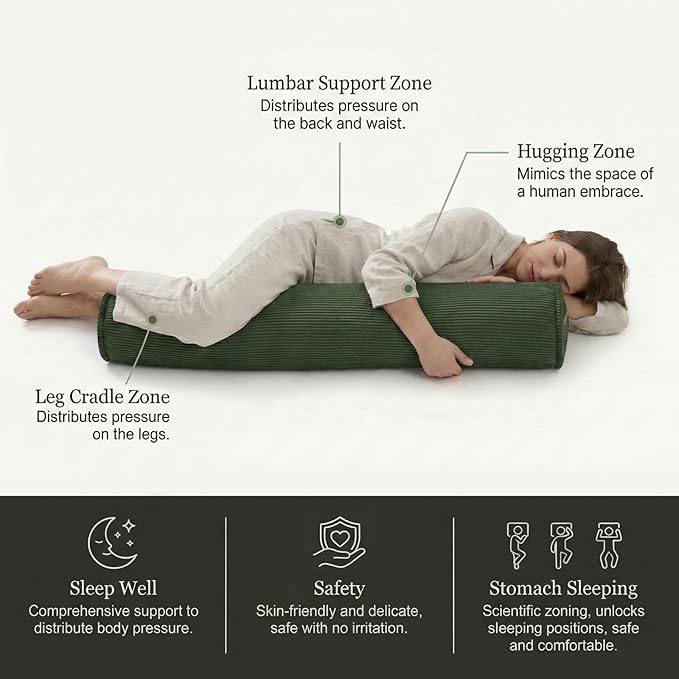 Long Pillow for Bed – Corduroy Round Bolster Pillow for Adults, Decorative Body Pillow for Sleeping or Sofa Support,59 x 7.87 Inches,Avocado Green