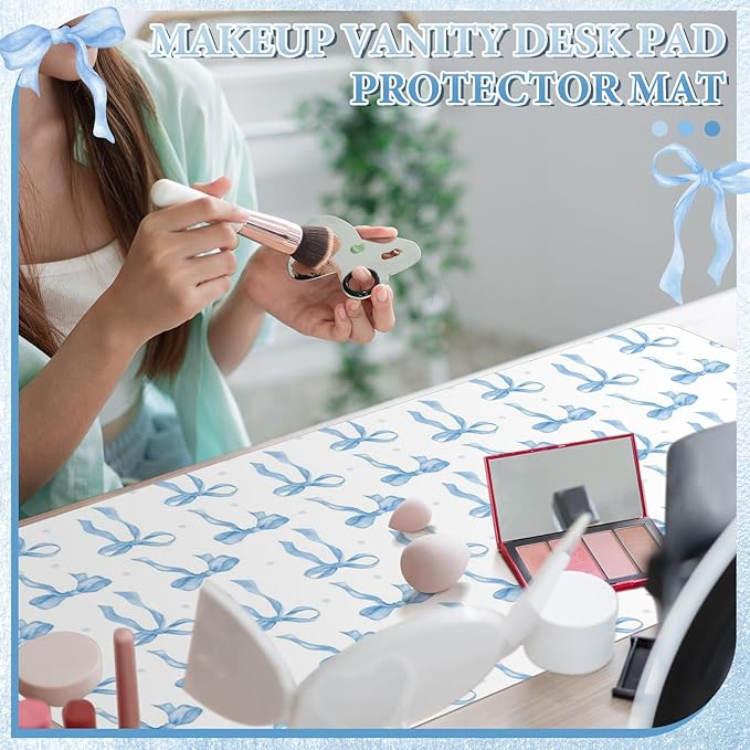 Teenyyou Coquette Bow Makeup Mat for Vanity Top Protector Graduation Gift Dual Side Leather Desk Mouse Pad Girly Waterproof Nonstick Dressing Accessories for Women Home Office(Blue,11.8"x23.6")