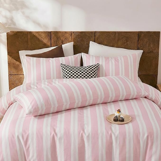 Merryword Pink Striped Pillowcases, 100% Cotton Pillow Cases, Standard Size Pillowcases, Luxury Linen Like Pillowcase, Soft Breathable Stripe Pillow Covers, Set of 2