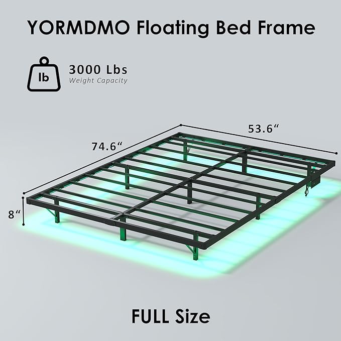 YORMDMO Floating Bed Frame Full Size, Heavy Duty Bedframe with Smart LED Lights & Charging Station, Modern Metal Platform Bed, Easy Assembly No Box Spring Needed, 8 Inch