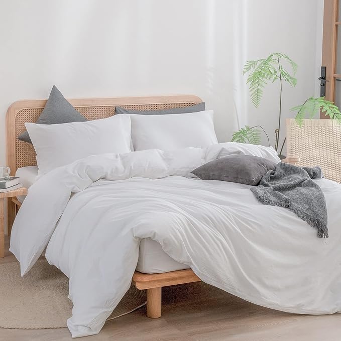 BESTOUCH Duvet Cover Set 100% Washed Cotton Linen Feel Super Soft Comfortable Chic Lightweight 3 PCs Home Bedding Set Solid Bright White Alaska King