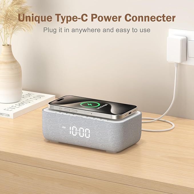 REACHER 15W Fast Wireless Charging Alarm Clock with White Noise Machine │ 20 High-Fidelity Sleep Sounds │ Gradual Wake & Unlimited Snooze │ 0–100% Dimmable Digital Clock for Bedroom & Office