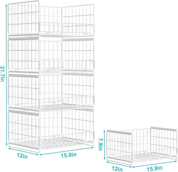 Hongtamoya 4-Tier Sliding Closet Organizers and Storage Shelves, Stackable Closet Shelf Organizer Basket Bins, Drawer Shelf Storage Container for Wardrobe Cupboard Kitchen Bathroom Office, White