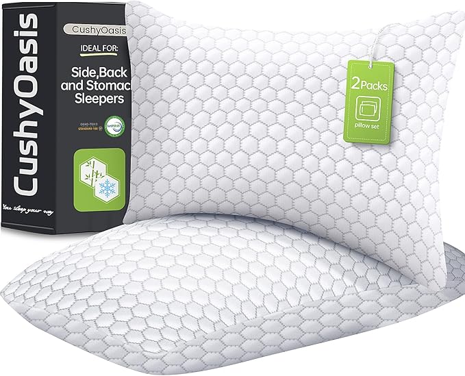 CushyOasis Shredded Memory Foam Pillow for Sleeping, Cooling Bed Pillows Set of 2, Adjustable Pillows for Side, Back, Stomach Sleepers with Washable Pillowcase (Standard Size, Grey)