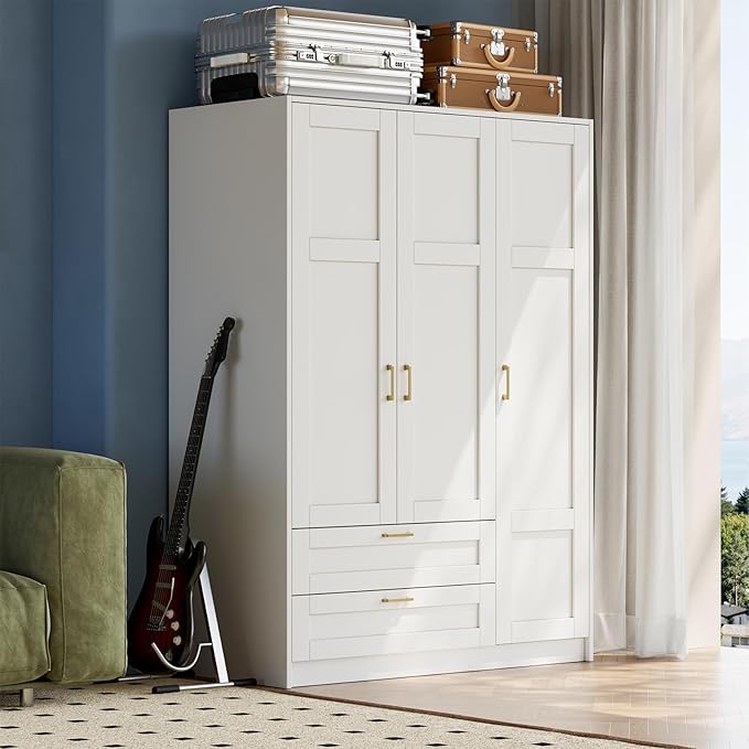 66" 3 Doors Wooden Wardrobe Closet Armoire with 2 Drawers & 3 Shelves, Wooden Wardrobe Closet with Hanging Rod, Bedroom Large Capacity Freestanding Armoire for Bedroom,Cloak Room,Entrance Hall, White