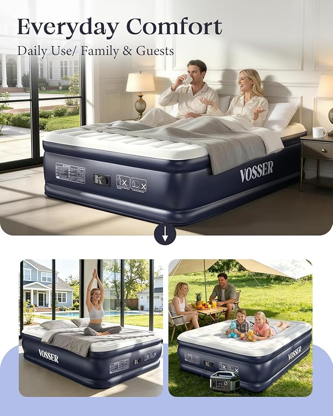 VOSSER Air Mattress Queen with Built-in Pump, 18" Raised Inflatable Blow Up Mattress,Upgraded Heavy Duty Portable Air Bed for Home,Guests,Floor & Camping, Self Inflating Colchon Inflable for Adults