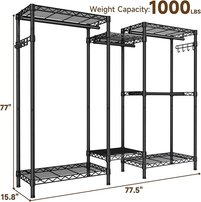 Golpart Heavy Duty Garment Rack Clothes Rack,Large Metal Closet Organizer System Storage Wardrobe,Freestanding Clothing Rack Black 15.75" D x 77.5" W x 77" H