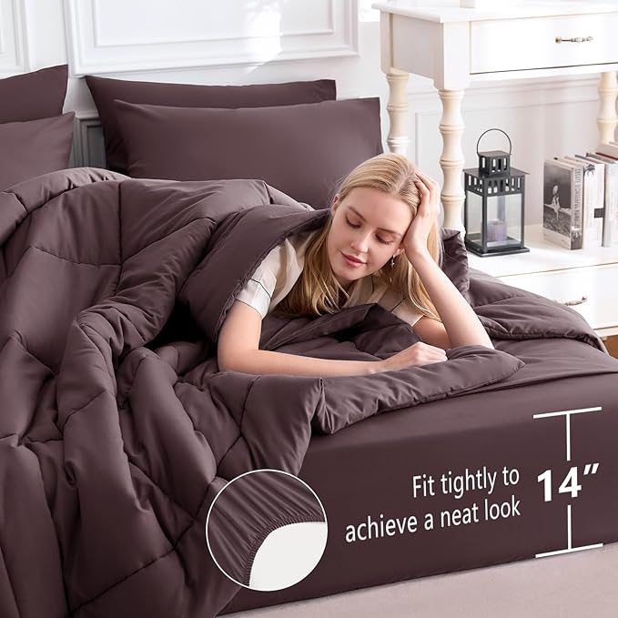 CozyLux Full Size Comforter Set Cocoa Powder, 7 Pieces Bed in a Bag, Brown Comforter Full Size, All Season Bedding Sets with Stitch Quilted Comforter, Flat Sheet, Fitted Sheet, Pillowcases