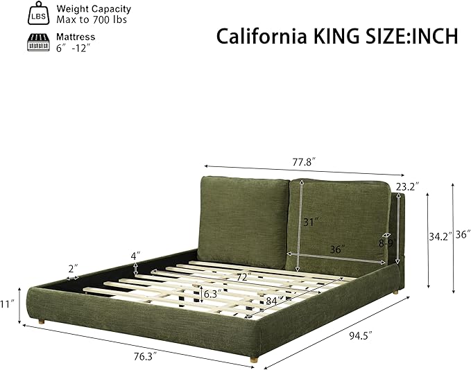 Merax California King Size Boucle Fabric Upholstered Platform Bed with Two Removable Pillow Headboard, Wood Bed Frame with Solid Round Legs for Kids Teens Adults, Olive Green