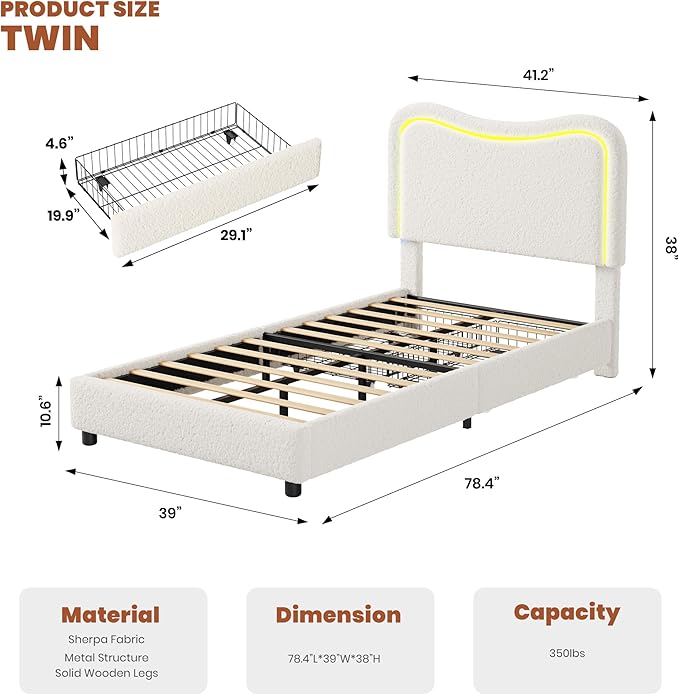 GarveeHome Upholstered LED Twin Bed Frames for Kids with 2 Drawers and Headboard, Cute Twin Bed with Storage for Girls, Boys, Sturdy Platform Bed, No Box Spring Needed, Wooden Slats, Noise Free, Beige