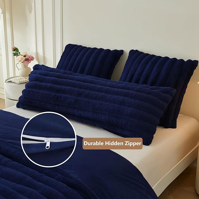 MEGO Luxury Faux Rabbit Fur Body Pillow Cover Blue, Fluffy Furry Fuzzy Striped 20x54 Bed Pillowcase, Comfy Plush Ribbed Bedroom Long Pillow Case with Zipper for Pregnant Women Side Sleeper, Navy Blue