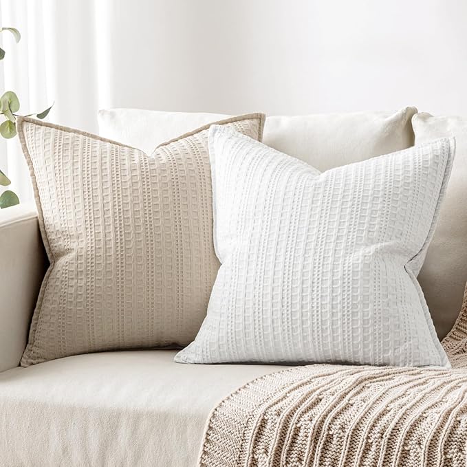 Set of 2 Decorative 100% Cotton Waffle Throw Pillow Covers 20x20, Neutral Euro Shams Weave European Cushion Cases for Couch Sofa Bed Modern Farmhouse Home Decor, Oatmeal