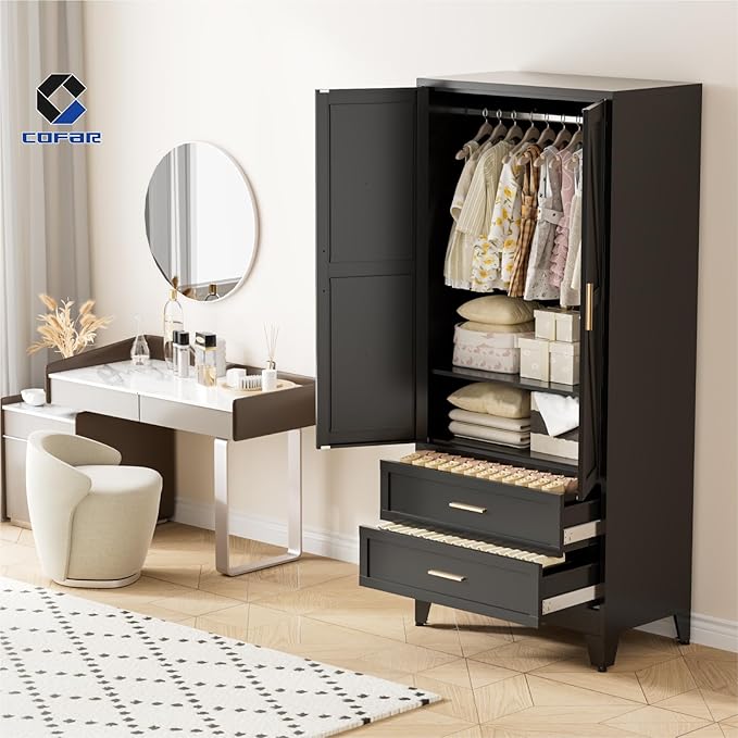 COFaR Armoire Wardrobe Closet with Drawers & Hanging Rod, 71'' Metal Wardrobe Closet with Doors & Adjustable Shelf, Farmhouse Wardrobe Cabinet for Bedroom Home Office Garage, Black
