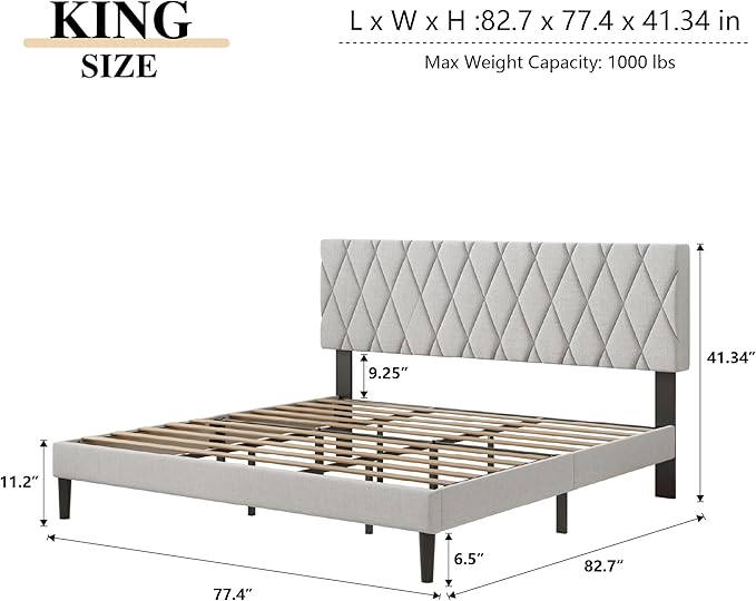 CXVX King Size Bed Frame with Diamond Tufted Headboard, Linen Upholstered Platform Bed and Wooden Slat Support, Noise-Free, No Box Spring Needed, Easy Assembly, Light Grey