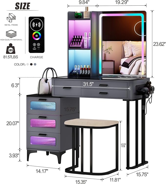 Makeup Vanity Desk with Mirror Lights: Vanity Table with Wireless Charging Station Mobile Dressing Table with Glass Top Design & Hair Dryer Holder Girls Grey Vanity Gift for Bedroom