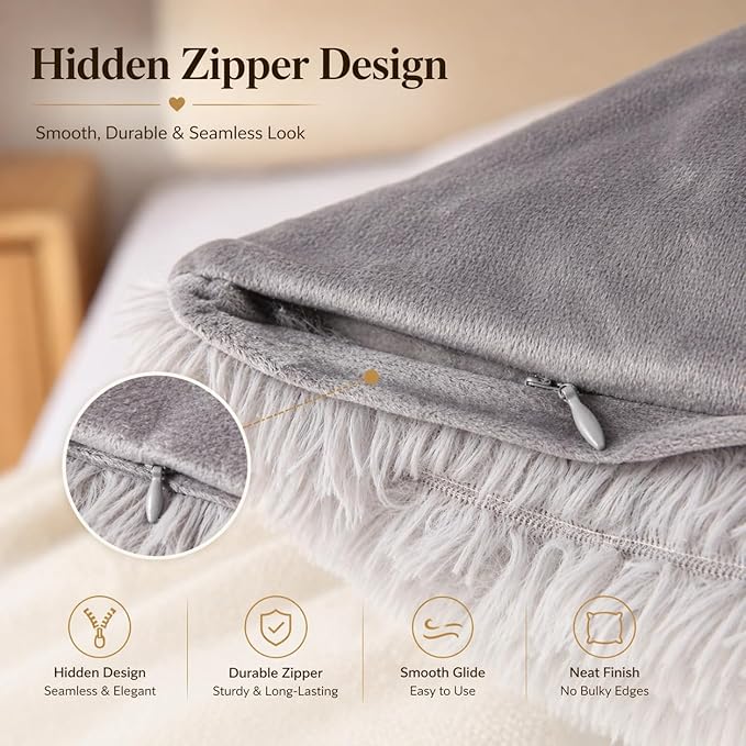 Reafort Luxury Faux Fur Body Pillow Cover 21" x 54", Long Hair PV Plush Body Pillow Case with Hidden Zipper Closure, Ultra Soft Fluffy Decorative Long Pillow Cover (Gray, Body)