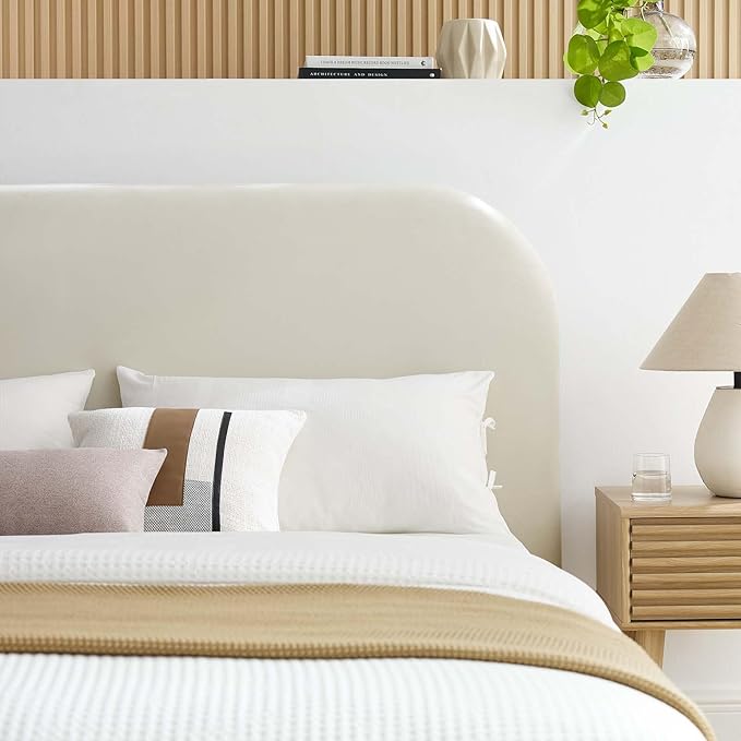 Modway Keynote Modern Queen Bed Frame with Curve Shaped Headboard in Alabaster, Upholstered in Performance Velvet, Queen Size Platform Bedain-Resistant Velvet Bed, Soft Cloud Bed Frame
