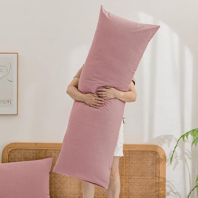 BESTOUCH 100% Washed Cotton Pillowcase for Hair and Skin Linen Feel Soft Comfortable Breathable 1 Pcs Pillow Case with Envelope Closure Solid Red Pink Body 20x54 Inches
