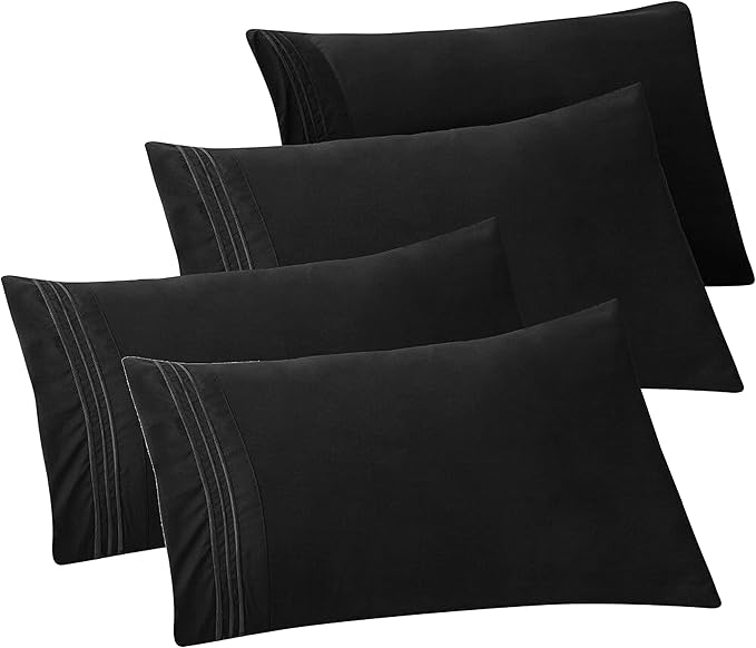 Elegant Comfort 4-PACK Solid Pillowcases 1500 Premium Hotel Quality Microfiber - Smooth Weave, Wrinkle and Stain Resistant, Easy Slip-On, 4-Piece Set, King Pillowcase, Black