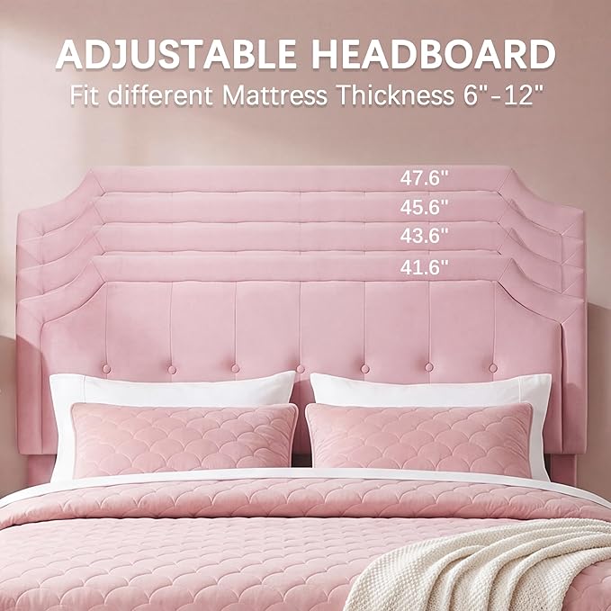 VECELO Queen Size Velvet Bed Frame with Headboard, Upholstered Platform Bedframe with Strong Wooden Slats, No Box Spring Needed, Easy Assembly,Pink