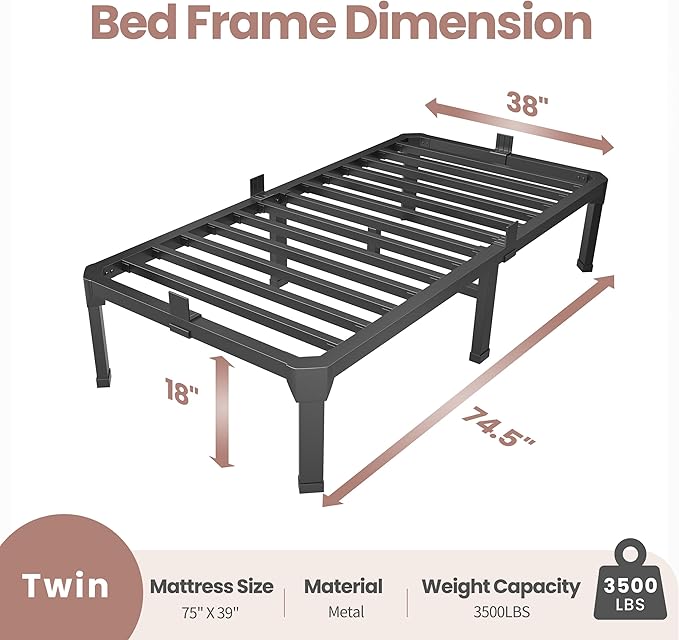 ROIL 18 Inch Twin Size Bed Frame with Mattress Slide Stopper - Single Black Basic Anti Squeak Steel Slats Metal Platform, Heavy Duty Noise Free Easy Assembly Bedframes, No Box Spring Needed