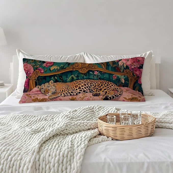 Vintage Leopard Floral 20x54 Body Pillow Cover, Cheetah Room Decor, Trendy Retro Sleepy Leopard Pink Flowers Decorative Long Body Pillow Cases for Bed Couch