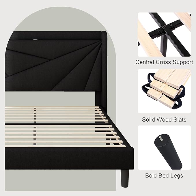 Feonase Queen Size Bed Frame with Charging Station, Linen Upholstered Platform Bed Frame with Wingback Storage Headboard, Solid Wood Slats Support, No Box Spring Needed, Noise Free, Black