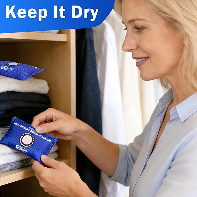 FURWEY 100g [ 24 Packs] Rechargeable Desiccant Packs for Storage, Color Indicating Silica Gel Desiccant Packets, Moisture absorbers for Storage,Dehumidifier bag for Closets,Cars,Storage Bins