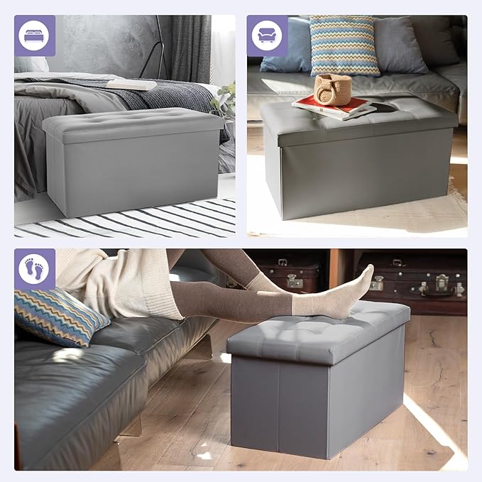 COSYLAND Ottoman Bench with Storage 30x15x15 inches Grey Ottoman for Room Folding Leather Ottoman Footrest Footstool Rectangle Collapsible Furniture with Lid for Bedroom Living Room