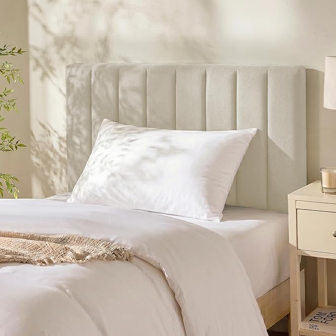 Hearth & Harbor Upholstered Twin Headboard - Easy Assemble Channel Stitched Headboard Twin Size - Wall Mounted Headboards with 3D Soundproof Wall Panels Peel & Stick Floating Headboards, Linen