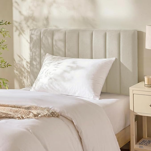 Hearth & Harbor Upholstered Twin Headboard - Easy Assemble Channel Stitched Headboard Twin Size - Wall Mounted Headboards with 3D Soundproof Wall Panels Peel & Stick Floating Headboards, Linen