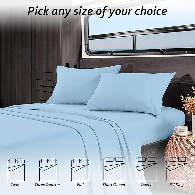 Queen RV Camper Sheet Set (60x80) – 100% Egyptian Cotton, Soft & Cooling, 16” Deep Pocket Fitted Sheet, Luxury Hotel Quality Bedding for RVs, Campers & Motorhomes (Light Blue Solid)