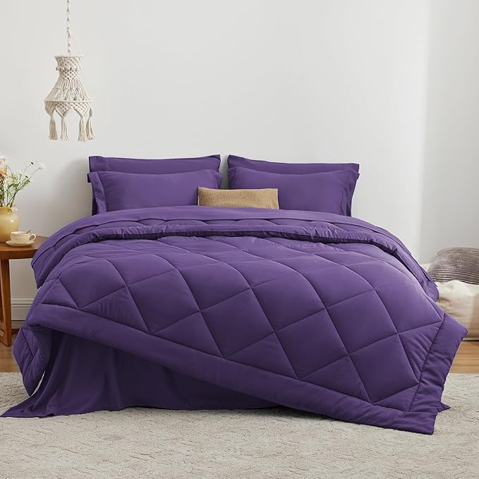 Love's cabin Twin Comforter Set Purple, 5 Pieces Twin Bed in a Bag, All Season Bedding Sets with 1 Comforter, 1 Flat Sheet, 1 Fitted Sheet, 1 Pillowcase and 1 Pillow Sham | Soft, Breathable, Lightweight, Comfortable