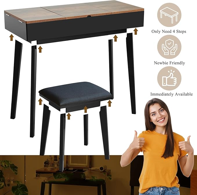 Vanity Desk, Flip Top Makeup Vanity Table with Power Outlet, Makeup Vanity Desk with Mirror & LED Light, Rustic Vanity Set with Cushioning Stool, Vintage Vanity for Bedroom, Black Brown