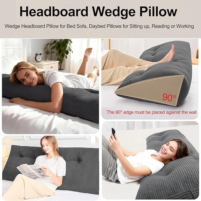 Headboard Pillow Twin, Large Triangular Wedge Cushion with Neck Roll Pillow for Reading Sitting Working, Backrest Positioning Support Bodypillow with Removable Washable Cover for Bed Dorm Sofa