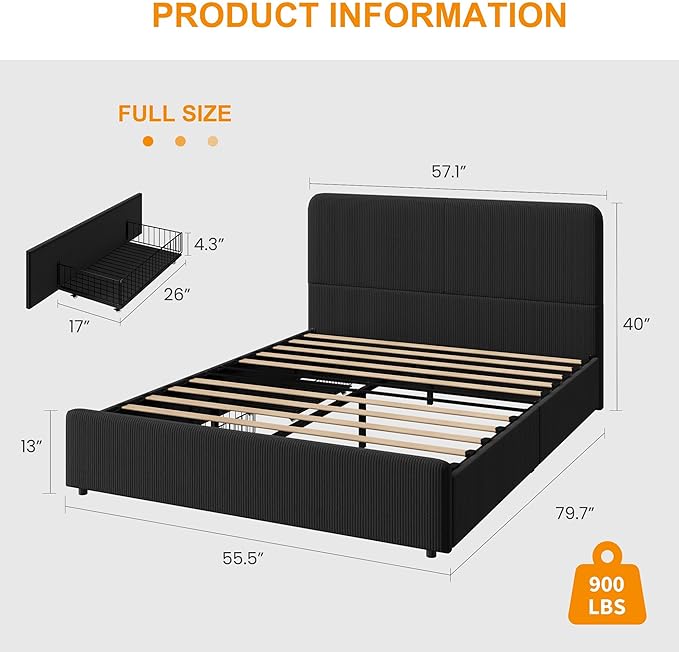 GarveeHome Modern Upholstered Platform Bed Frame with Headboard and Storage Drawers – Soft Fabric Corduroy Black, PU/Faux Leather, Sturdy Wood Slat Support, No Box Spring Needed, Easy Assembly – Full