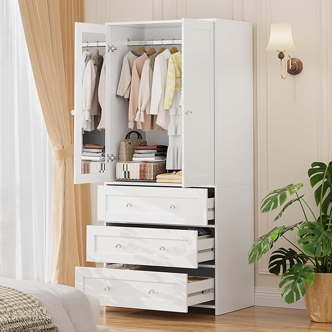 VOWNER Armoire Wardrobe Closet with Drawers and Mirror, 71" Clothing Storage Cabinet with Hanging Rod, 2 Doors Wooden Wardrobe Cabinet for Bedroom, Large Capacity Storage