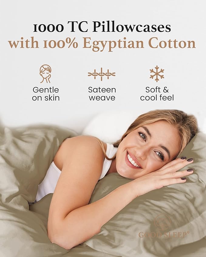 1000 TC Taupe King Pillowcases Set of 2 100% Egyptian Cotton Pillow Cases with Long Staple Cotton & Sateen Weave, Silky Soft Hotel - Like Bed Pillow Covers for Comfy Sleeping, Snug Fit
