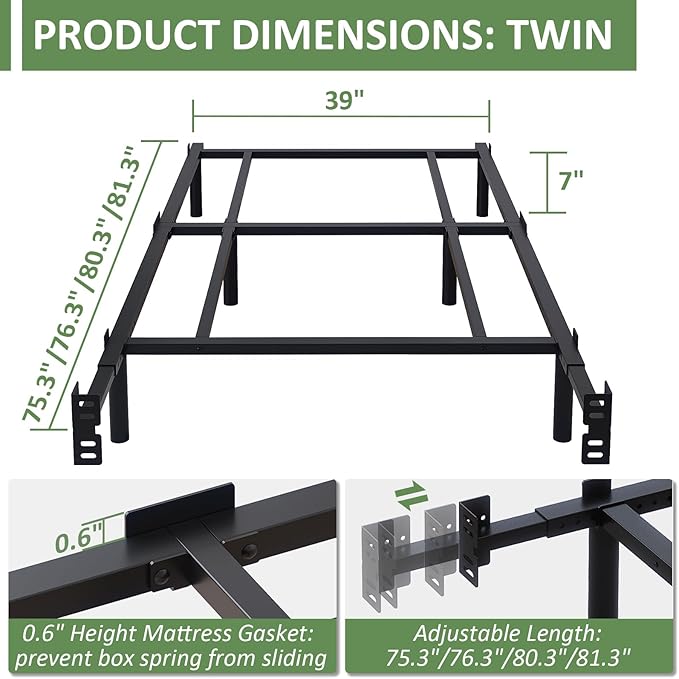 Twin Metal Bed Frame, 7 Inch Low Heavy Duty Platform Bed Frames Twin Size for Box Spring and Mattress, Easy Assembly, Noise-Free, Adjustable, Black