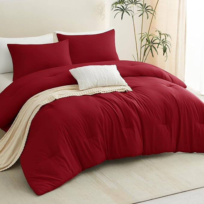 CozyLux Oversized King Comforter Set Dark Red, 3 Pieces 120x98 Solid Breathable Quilted Bedding Sets for All Seasons, Luxury Soft Lightweight Bed Set with Down Alternative Comforter and 2 Pillowcases