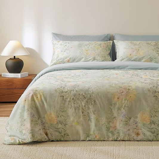 VM VOUGEMARKET Sage Green Floral Duvet Cover Set King, Premium Long-Staple Cotton Comforter Cover,Silky Breathable Watercolor Flower Bedding for Elegant Bedroom Atmosphere