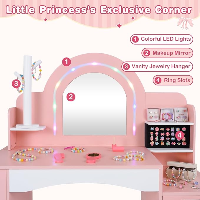 INFANS Kids Vanity with Lights, Princess Makeup Desk with Mirror, Jewelry Hanger, Fabric Drawers, Toddler Table and Chair Set Pretend Play for Girls