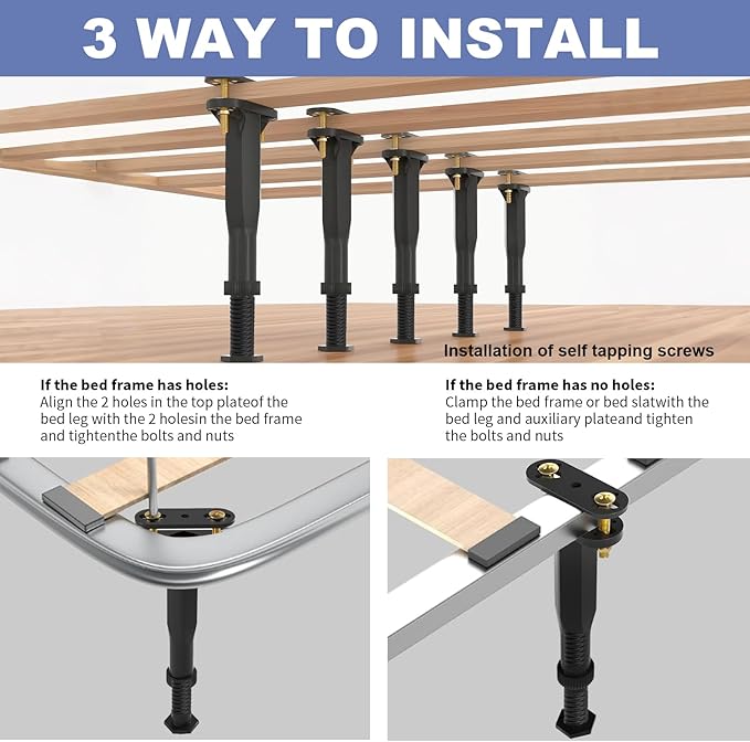 Yuleimy Adjustable Bed Center Support Legs (7.7"-13.3"), 3-in-1 Clamp-On (No Drill) & Screw-In Bed Slats Support, Heavy Duty Rust-Proof Polymer Replacement Legs for Queen King Metal/Wood Frame, 6 Pack