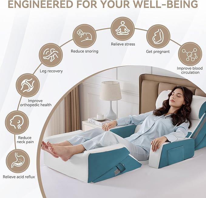 Yojoker 9PCS Orthopedic Bed Wedge Pillow Set for Sleeping, Back and Leg Pain Relief, Post Surgery Foam Pillow for Body, Triangle Adjustable Support Pillow - Acid Reflux Sleeping Pillows Navy